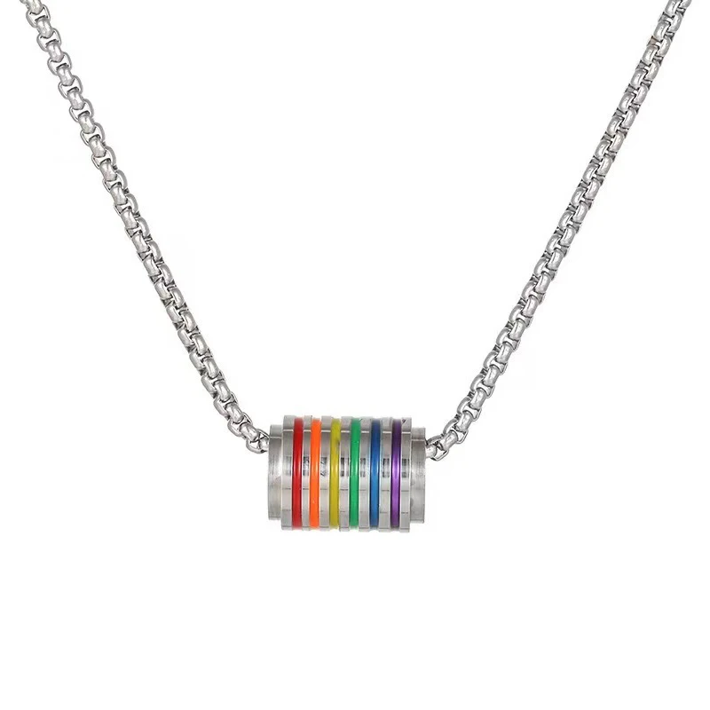 Hip Hop Enamel Rainbow Bead Charm Necklace Stainless Steel Box Chain Necklaces LGBT Pride Jewelry