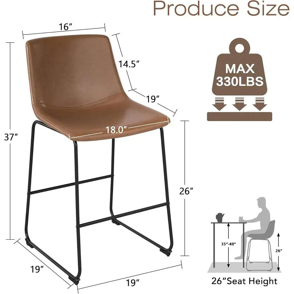 Counter Height Leather Bar Stools with Metal Legs and Footrest (2pcs, Brown, 26in) view 2