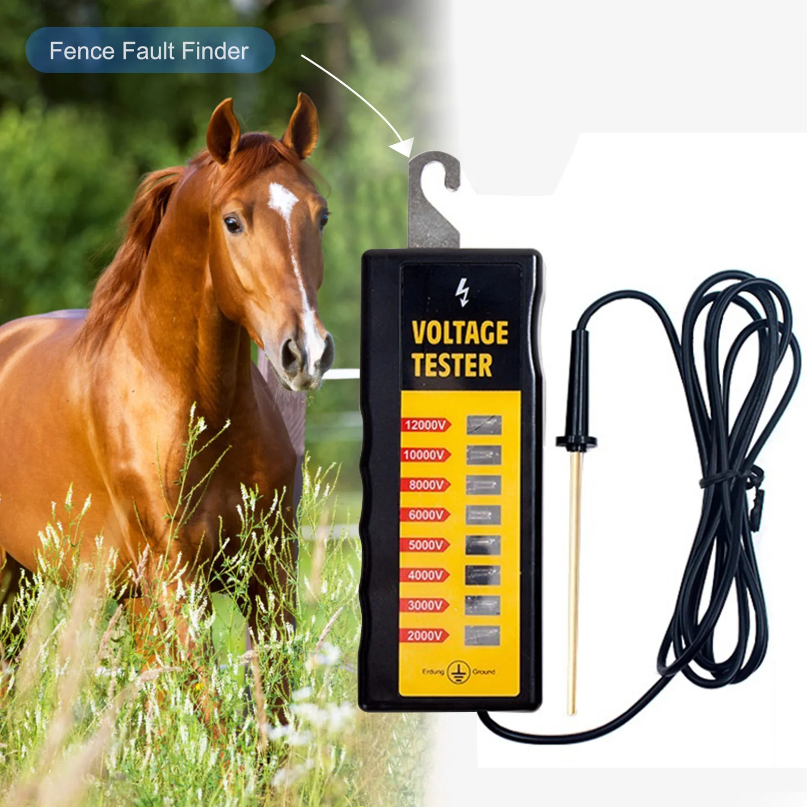 Electric Ranch Fence Tester Voltage Meter 8000V/12000V Waterproof Portable Farm Tool with 8 Light Voltage Test Tool