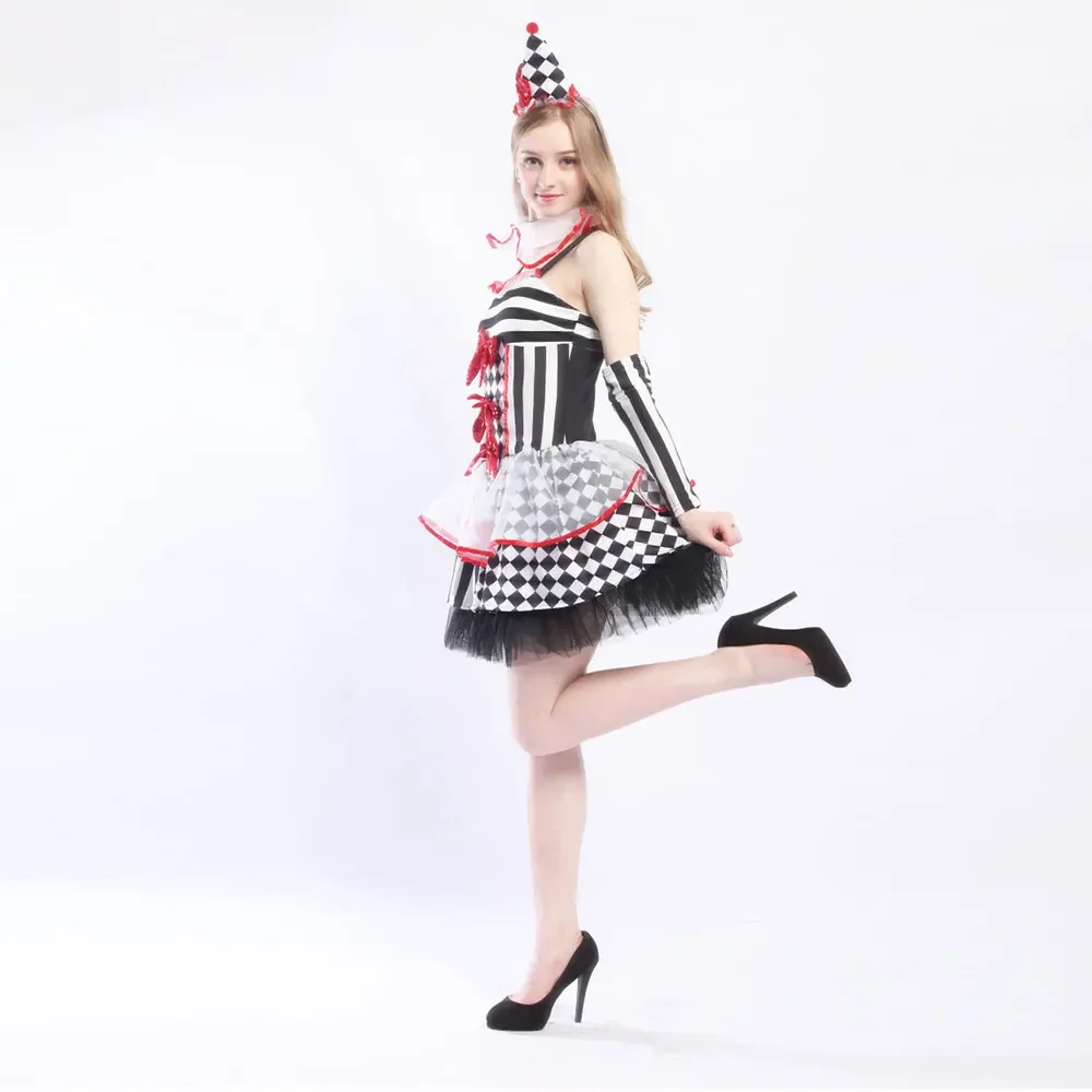 Halloween Funny Circus Evil Terrifying Ugly Clown Costume For Women Grid Irregular Mini Dress Naughty Harlequin Makeup Ball Set