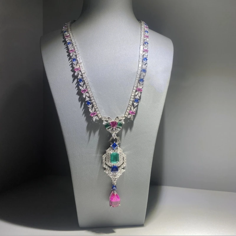 Bellux Artificial Emerald Irregular Colorful Gemstones 925 Silver Synthetic Zircon Luxury Dinner Necklace for women