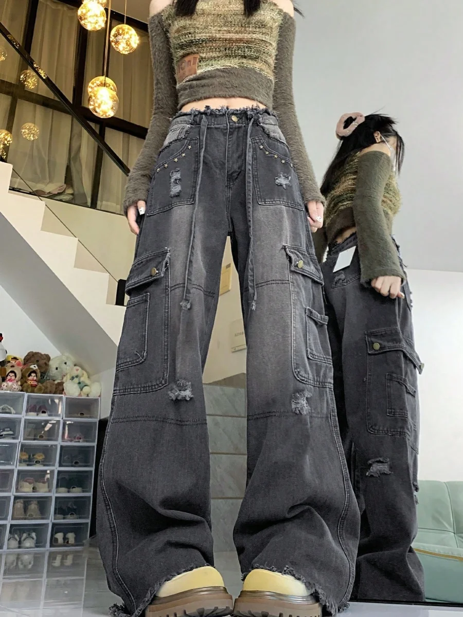 

Женские джинсы с высокой талией и широкими штанинами в стиле ретро, летние, винтажные, с рваным краем и дырками, черные, серые, длинные, прямого кроя, из денима
