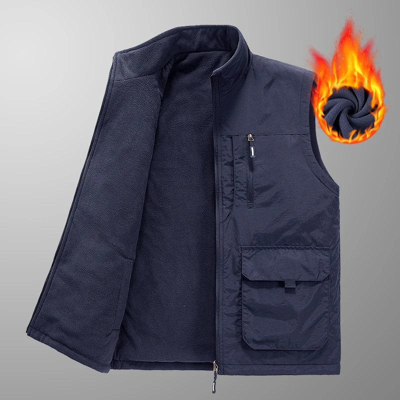 Autumn Men's Fleece Hiking Vest Double-sided Wear Outdoor Fishing Vests Multi Pocket Industrial Sleeveless Workwear Jacket Vests