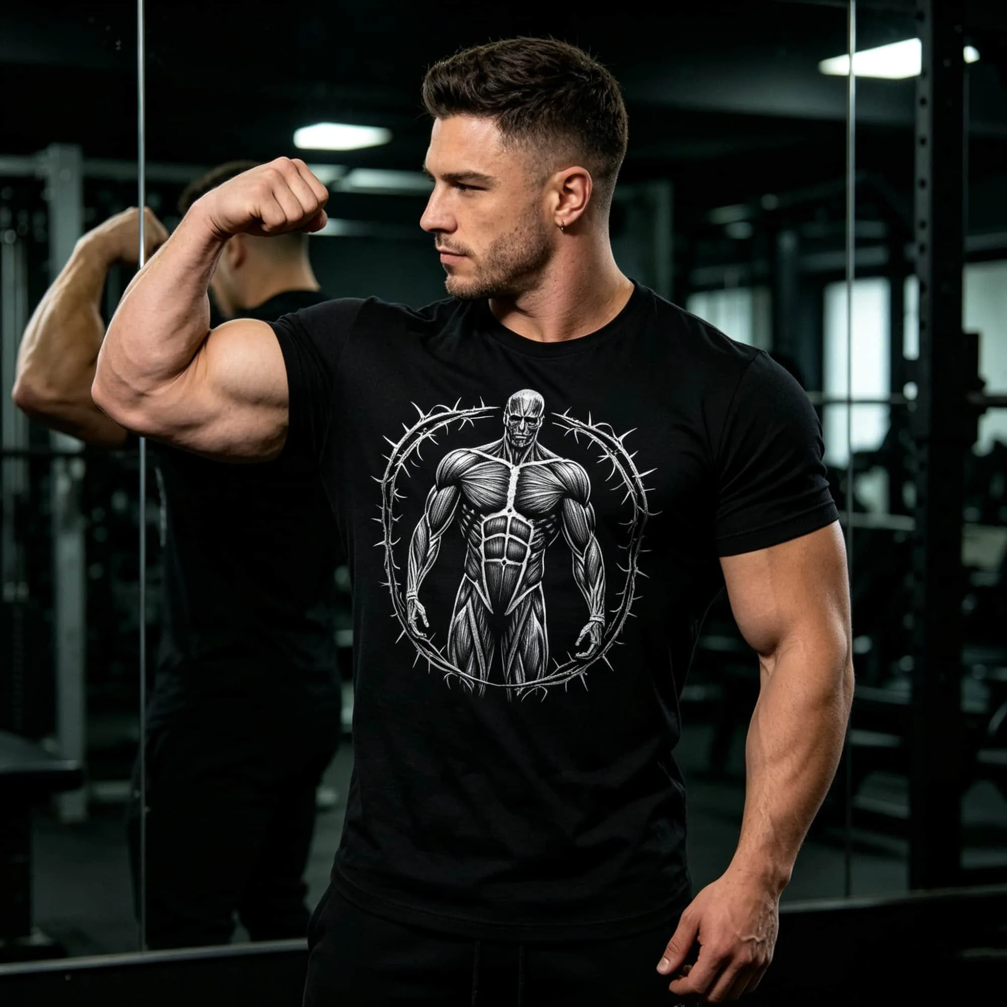 Bodybuilding Street Men Crew Neck Short Sleeve T‑Shirt Sketch Muscular  Thorn Ring Art Print Athletic Training Men's  Top