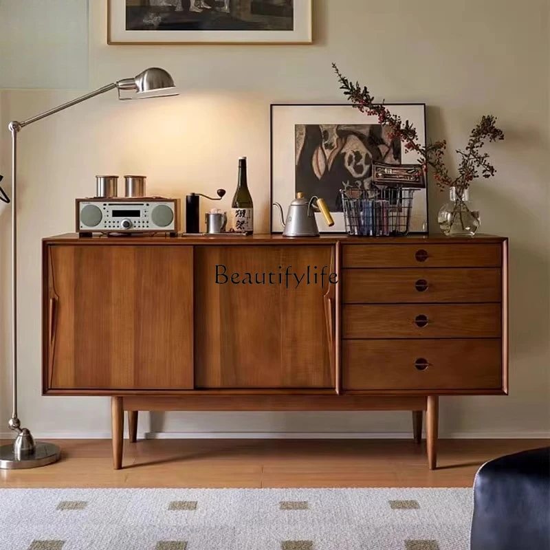 

Nordic solid wood dining side cabinet modern simple retro medieval coffee storage cabinet