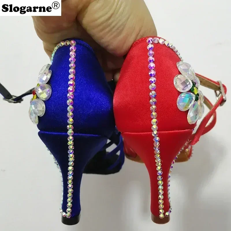 النساء الساتان حجر الراين أحذية الرقص اللاتينية السيدات الجديدة عالية الكعب مرحلة الأداء الحديثة الفالس الجاز اللاتينية أحذية قاعة الرقص