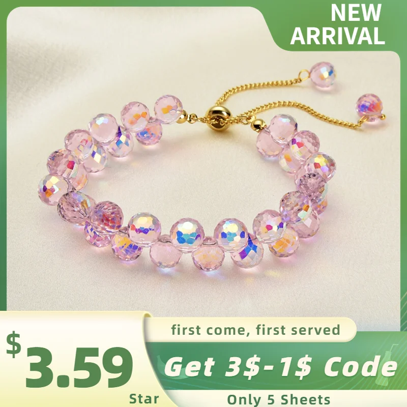 Luxury Artificial Austrian Crystal Bracelets For Women Pink White Shiny Water Drop Beaded Strand Bracelet Sweet Girls Jewelry