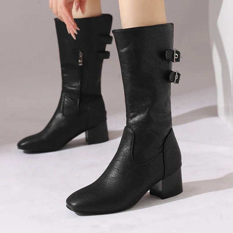 Women's Western Style Boot with Belt Buckle Thick Heel Mid-Calf Cowboy Boots Autumn Winter Season Independent Station Cross-B...