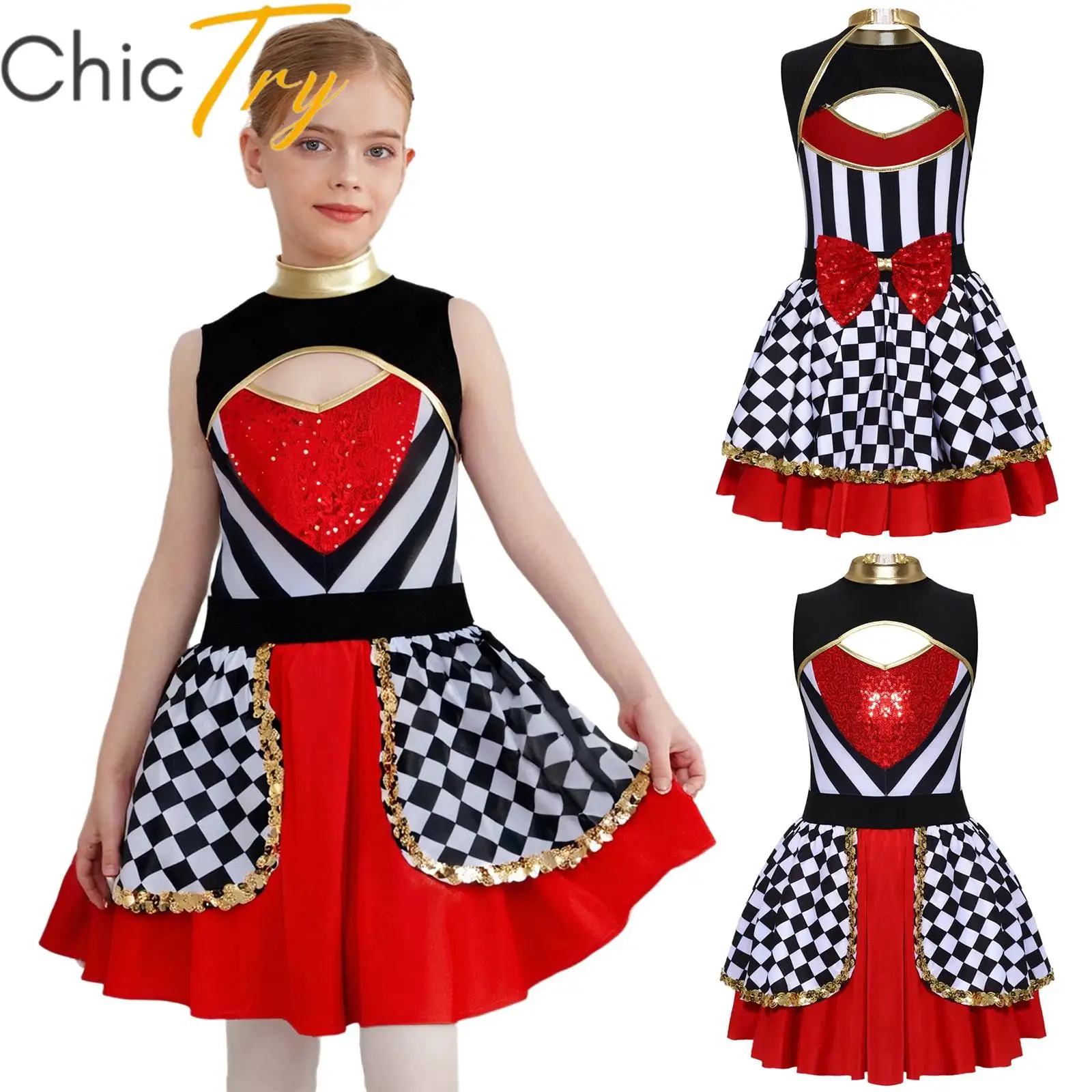 

Kids Girls Circus Ringmaster Costume Halloween Wonderland Queen Cosplay Themed Party Dress Shiny Sequins Carnival Fancy Dress Up