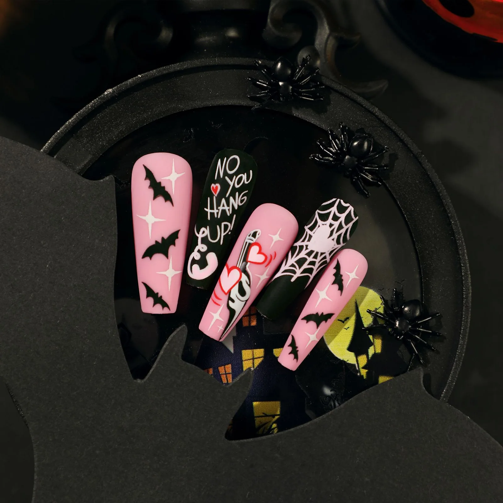 Spinnennetz-Fledermaus-gedrucktes Zuckerguss, lange falsche Maniküre, süße, charmante, wiederverwendbare künstliche Nägel für heißes Mädchenkleid, passende mattierte Nagelkunst
