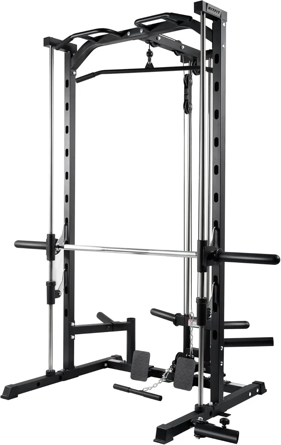 

Smith Machine Power Rack with LAT-Pull Down System, Landmine, Barbell Bar, Plate Storage Pegs and More Training Attachment