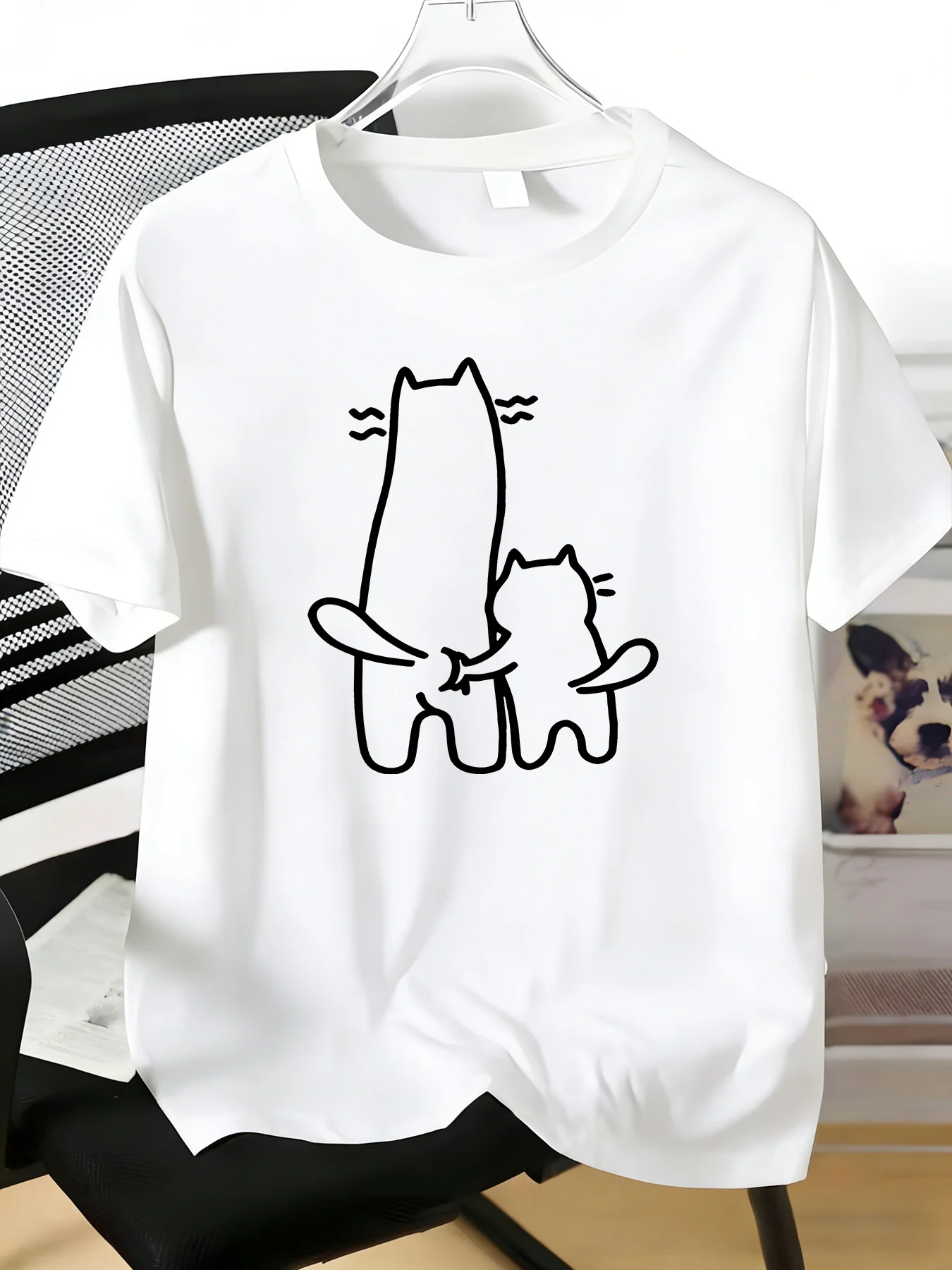Men Crew Neck Soft Tee Simple Line Hugging Cats Graphic Light Short Sleeve Summer Daily Loose Street Casual Basic Fashion Tshirt