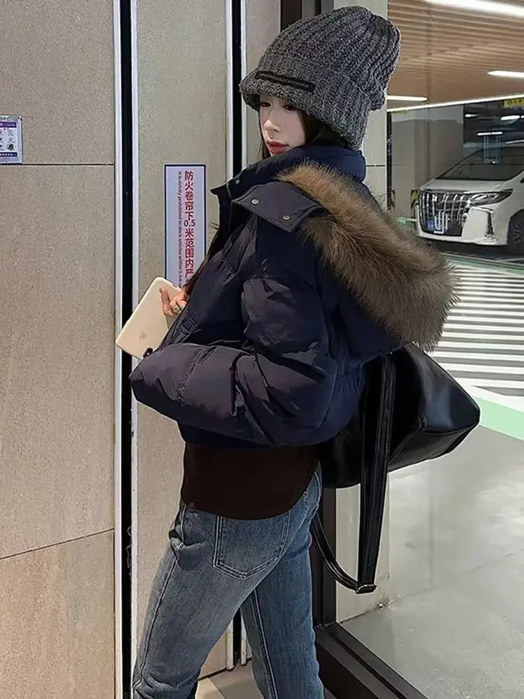 Abrigo de algodón con capucha de Color sólido cálido con cuello de piel Retro americano para mujer Ins chaquetas de abrigo de algodón ajustadas informales holgadas de invierno
