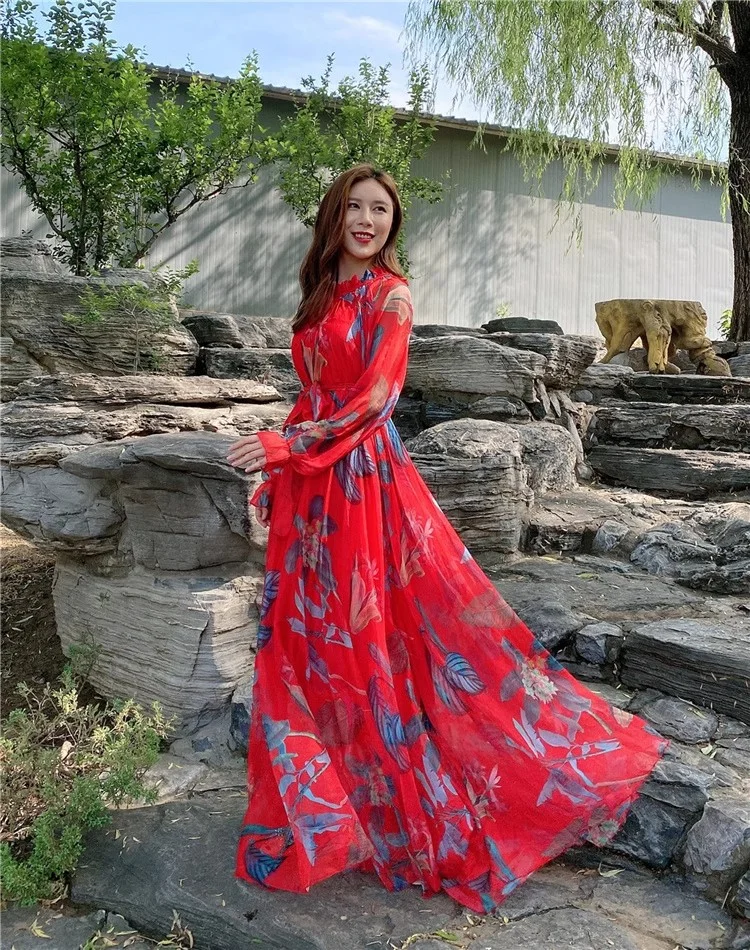 الصيف عطلة الشاطئ السفر فستان ماكسي البوهيمي الأمومة صورة تبادل لاطلاق النار ألابية موضة مسلم فضفاض الشيفون فستان طويل شاطئ البحر #1