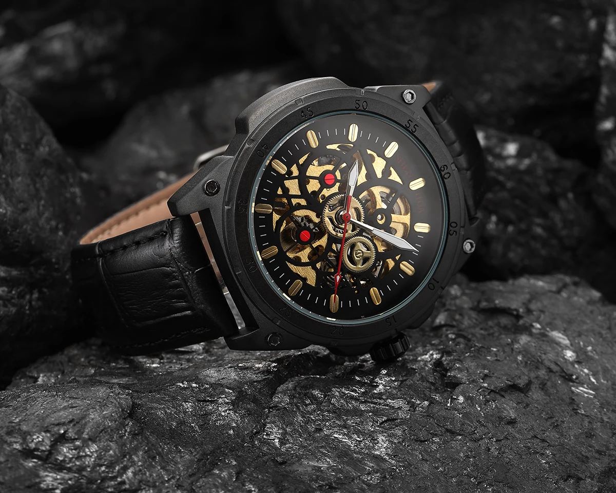 SHENHUA Mechanical Steampunk Wristwatch Men Military Sport Watch Black Transparent Skeleton Automatic Creative Watch Clock