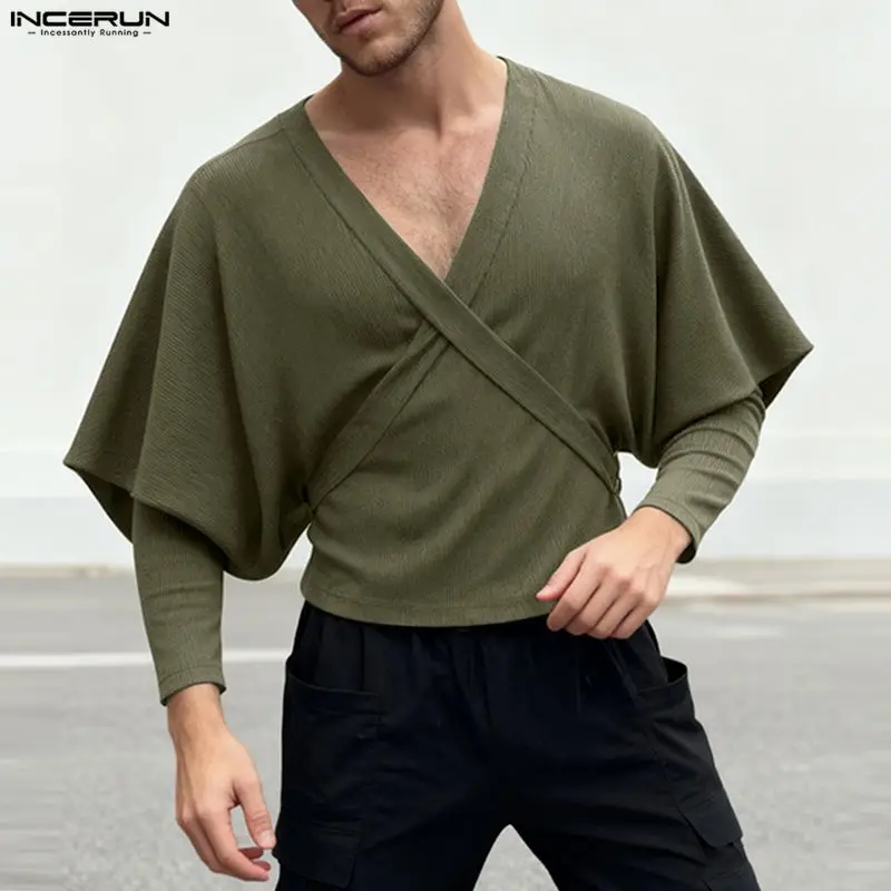 

INCERUN Мужская футболка Трикотажная однотонная с глубоким v-образным вырезом и длинным рукавом Повседневные мужские футболки 2026 Уличная мода Camisetas S-5XL