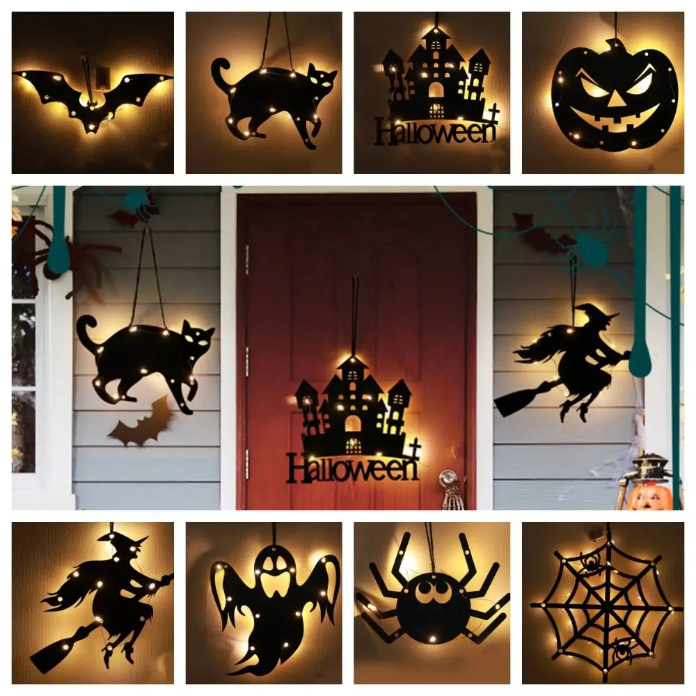 مخيف علامة ترحيب هالوين شنق العلامة ضوء العنكبوت شبح هالوين الباب الأمامي ضوء LED منزل مسكون الدعامة #1