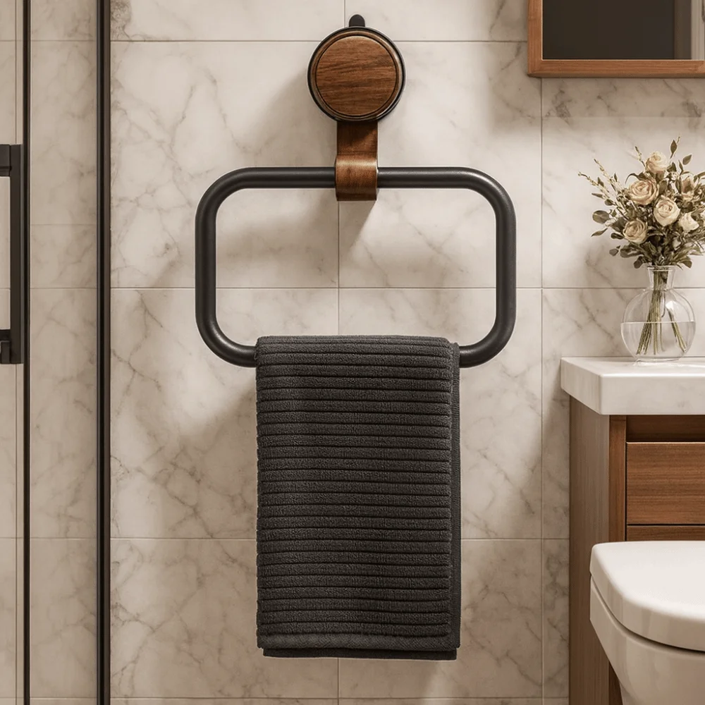 

Aluminum Alloy Walnut Wood Towel Holder Medieval Style No Drilling Towel Hanging Rack Waterproof Removable Bathroom Towel Ring
