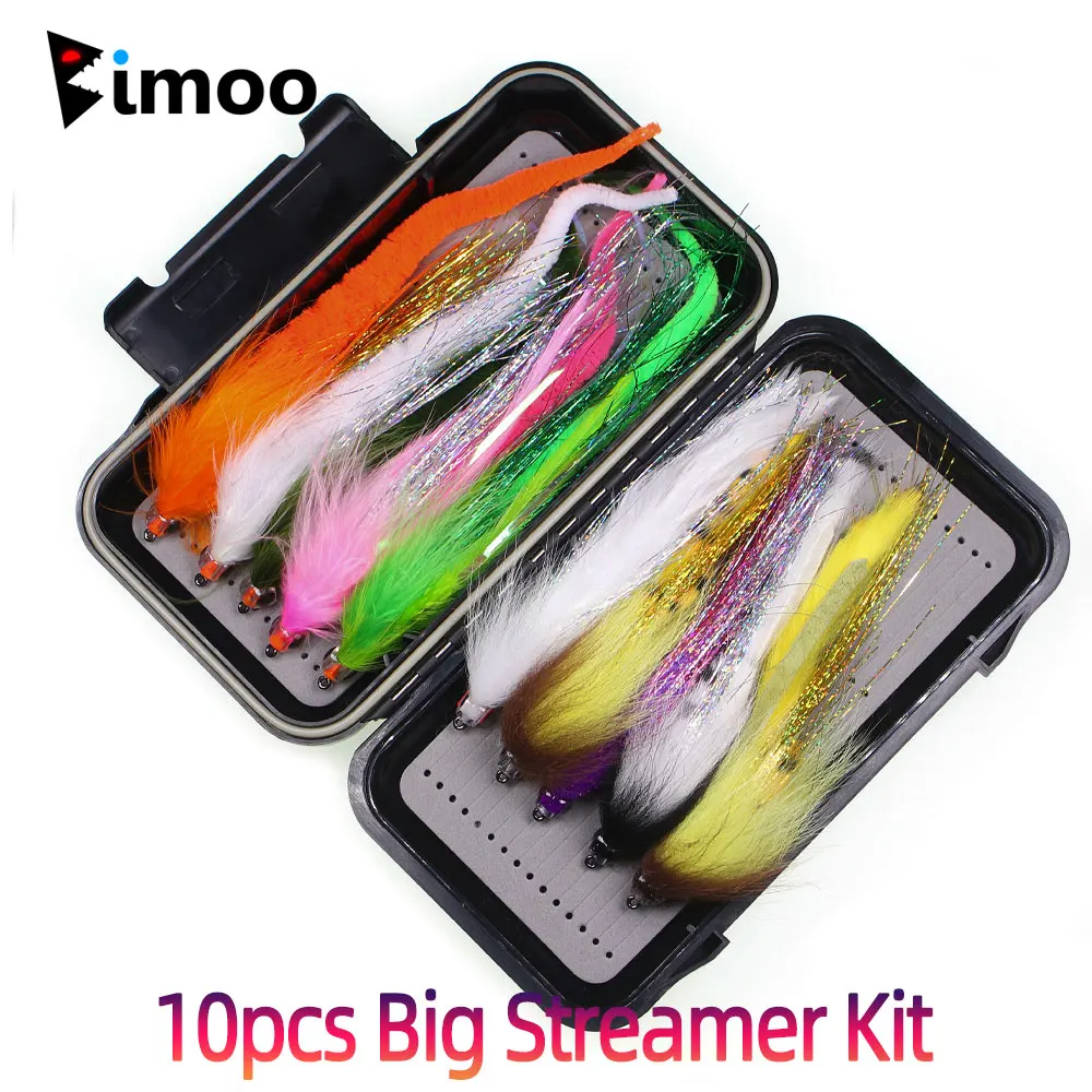 Bimoo 10pcs 2/0 Big Fish Streamer Fly Kit Hare Strip Zonker Suspending Baitfish Streamer Musike Trout Bass Pike Sea Fishing Lure