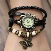 Vintage Leather Hand Woven Women's Watch Antique Copper Thin Strap Bracelet Pendant Exquisite Trendy Quartz Watch