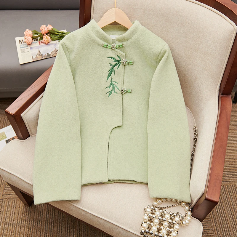 Chinese Style Lady Jacket Embroidery Bamboo Buckle Short Outerwear Winter Fashionable Tweed Warm Stand Collar Women's Coats