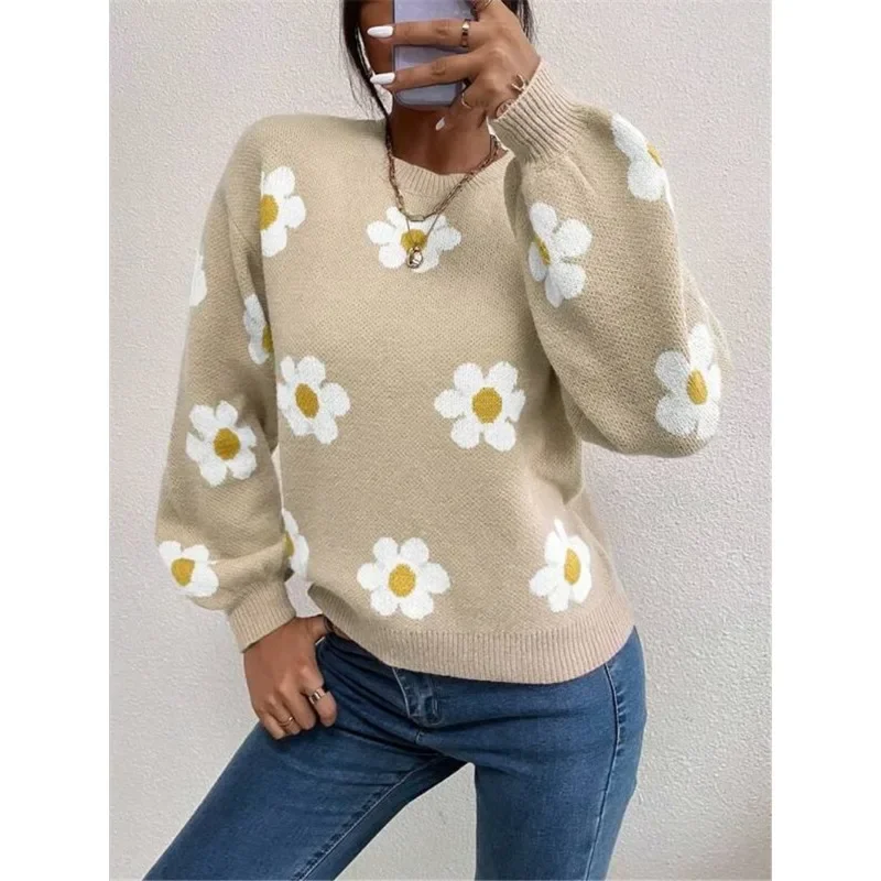 Autumn Female Plant Flower Pattern Casual Loose Round Neck Sweater Temperament Commuter New Fashion Women\'s Pullover Knitted Top