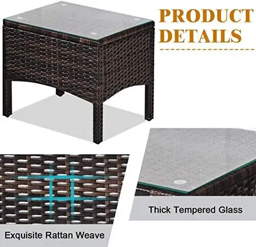 3-Piece Outdoor Rattan Wicker Patio Set with Cushions, Glass Top Coffee Table, Brown