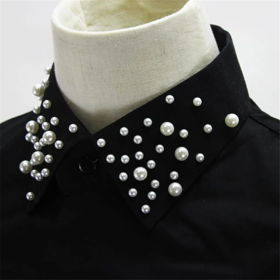 SHOWERSMILE Cotton Black Women'S Shirt Collar Detachable Pearl Beaded False Collar Autumn Female Shirt Sweater Fake Collar