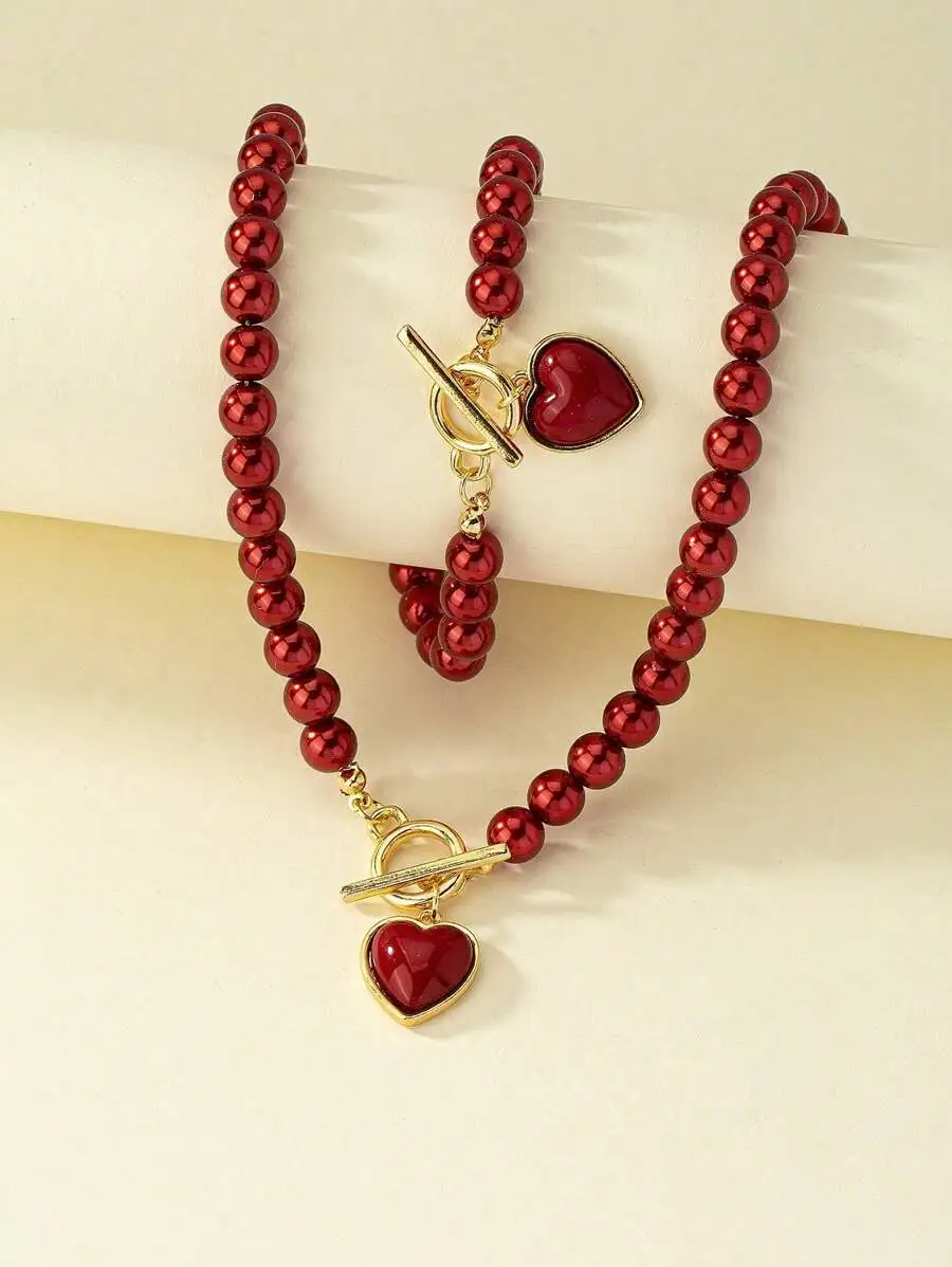 

2pcs Red Heart Faux Pearl Necklace And Bracelet Set For Women Valentines Day Gift