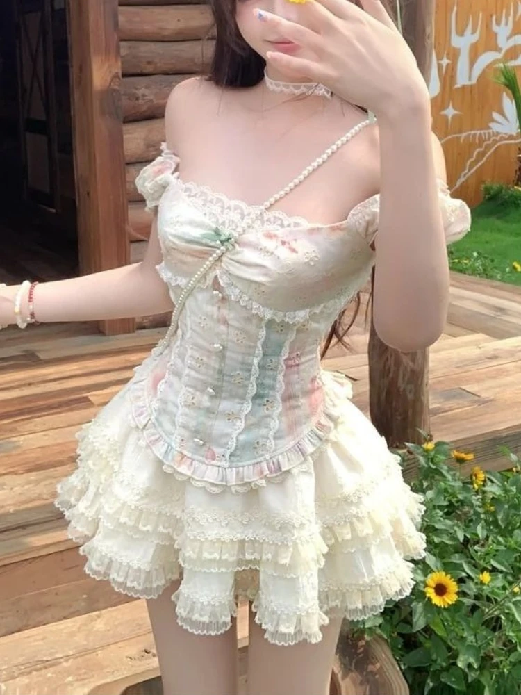 

Harajuku Sweet Women's 2 Piece Sets Puff Sleeve Lace Patchwork Y2k Tops + Short Skirt Fashion Female Korean Popular Clothing New