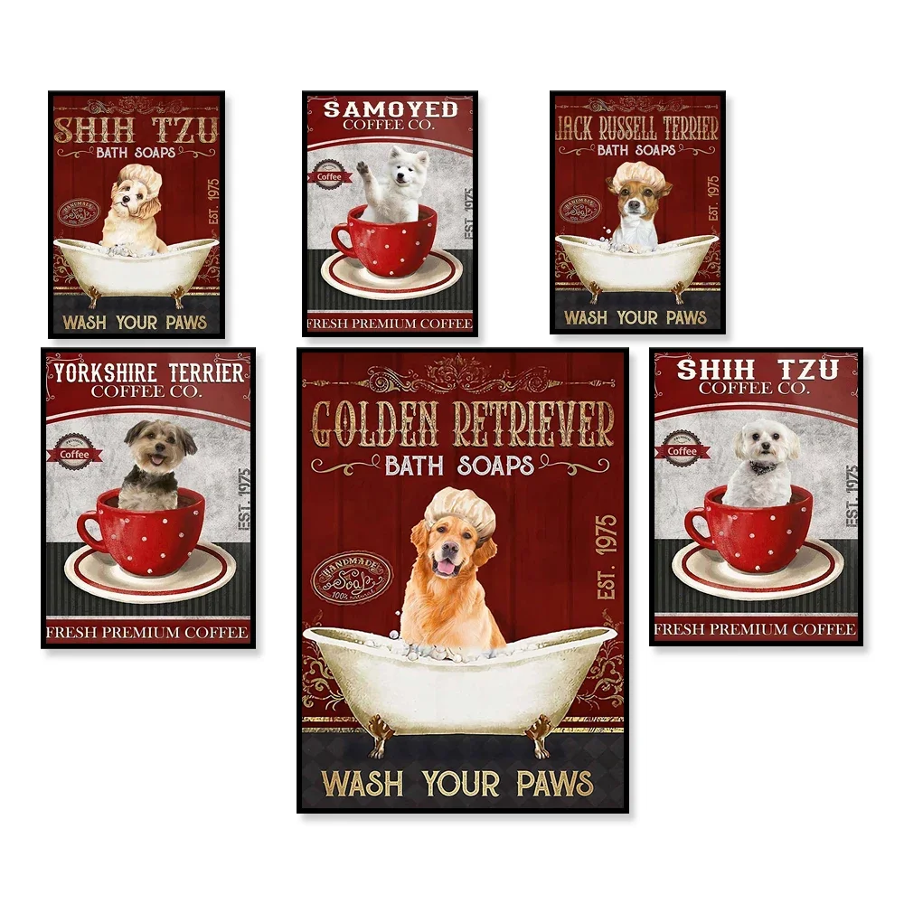 Shih Tzu, Yorkshire Terrier, Samoyed Coffee Company Poster, Golden Retriever, Dog Bath Soap Wash Your Paws Poster Dog Lover Gift