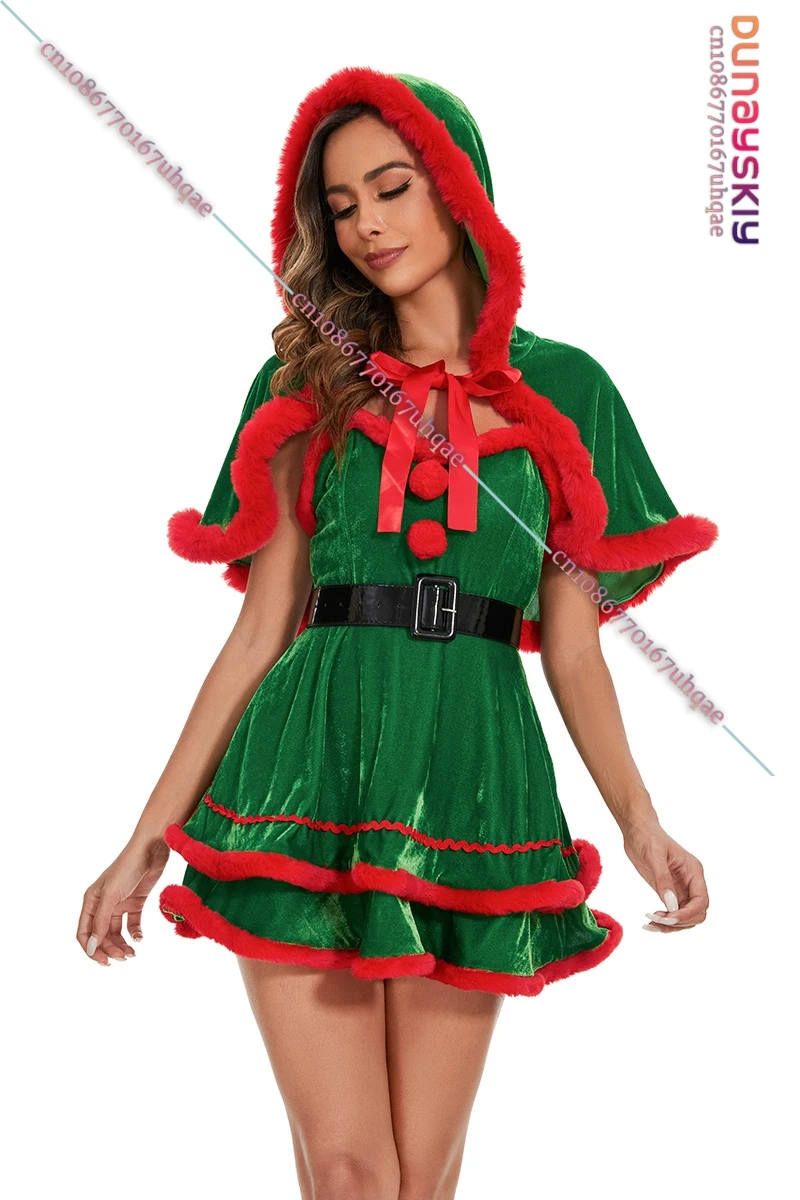 2025 New Arrive Christmas Theme Party Warm Velvet Dress Santa Claus Cosplay Costume Xmas Snowman Green Elf Fancy Dress