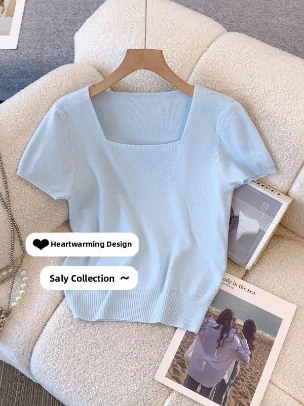 Ice Silk Square Collar Short Sleeve Knitted Top Women's plus Size Slimming Summer New Style Comfortable Breathable T-Shirt