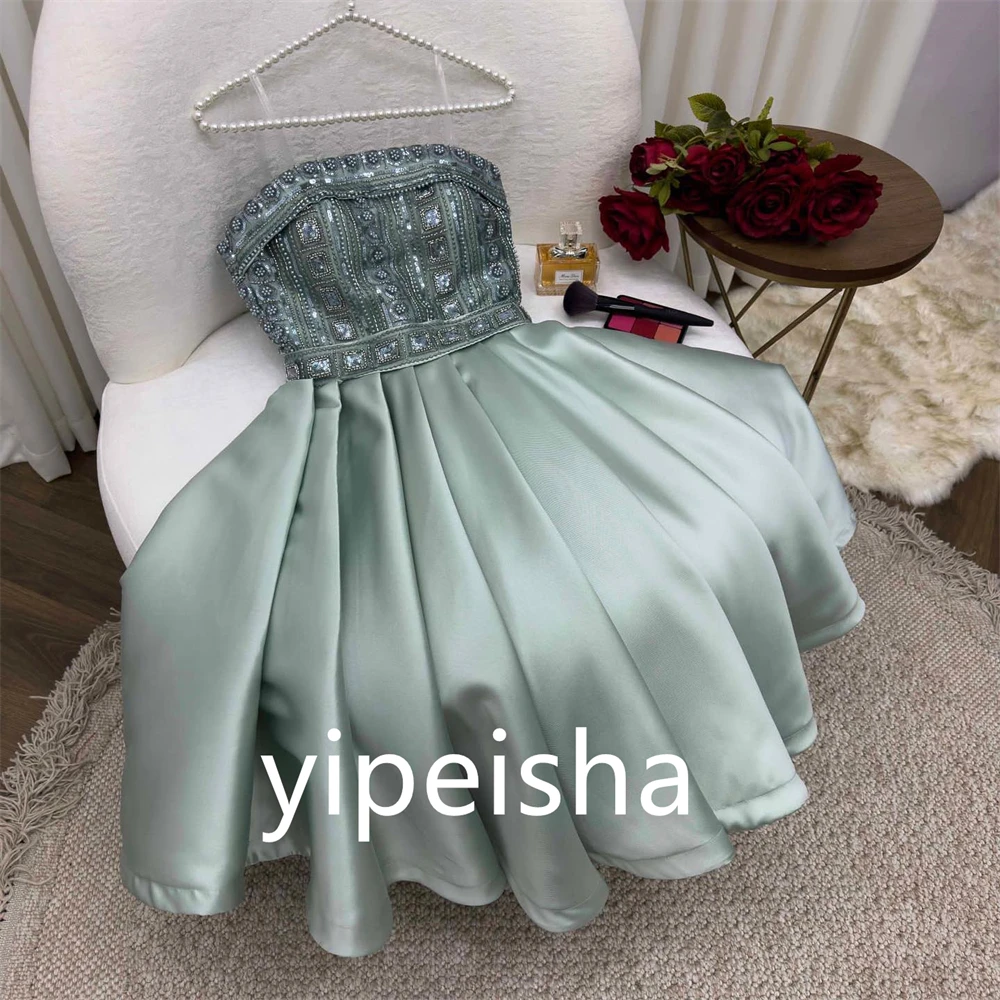 Customized Sparkle Prom Sexy Casual Strapless A-line Party Dress Beading Draped Anke length Charmeuse Evening