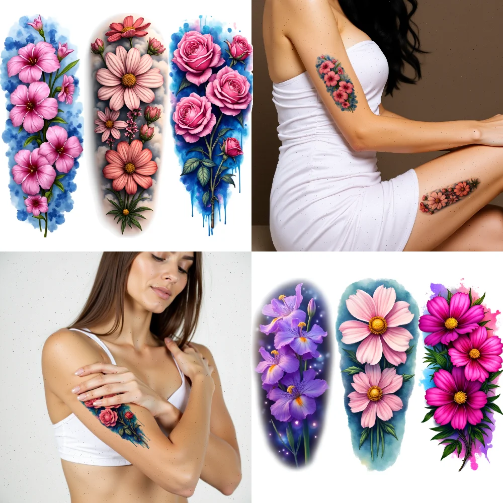 

3pcs Temporary Tattoo Flower Tattoos Waterproof Long-lasting Body Stickers Floral Art Colorful Realism For Male Back