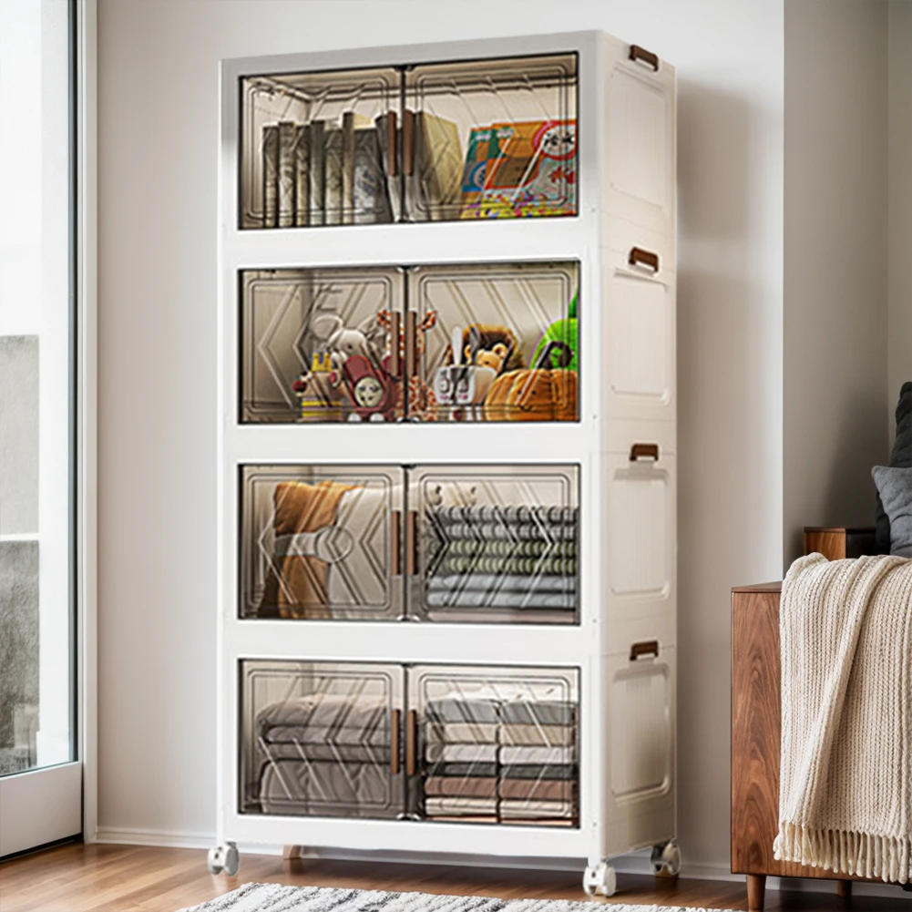 Home Kitchen Stackable Storage Bins with Doors/Wheels/Lids 4 Tier Collapsible Storage Cabinet Folding Storage Boxes for Office