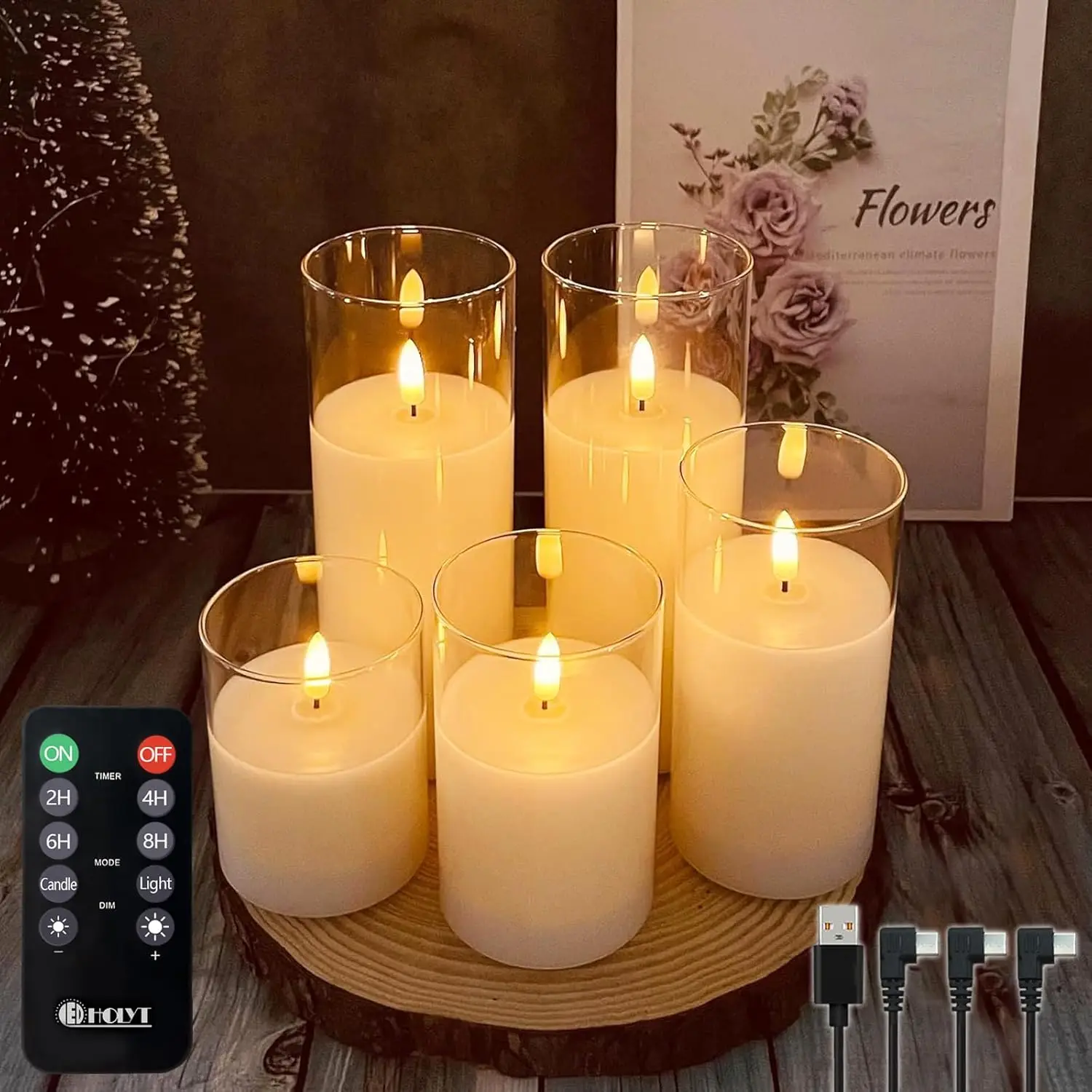 

Rechargeable Flameless LED Candles with Remote, Timer, Real Wax Look - Set of 5