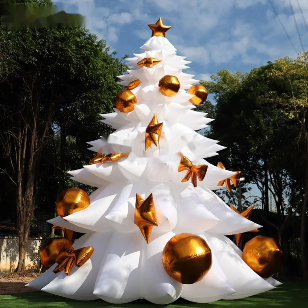 wholesale 8m Tall LED Lighted Lage White Inflatable Christmas Tree With Golden Balls,Holiday Ornaments Balloon For Outside Night