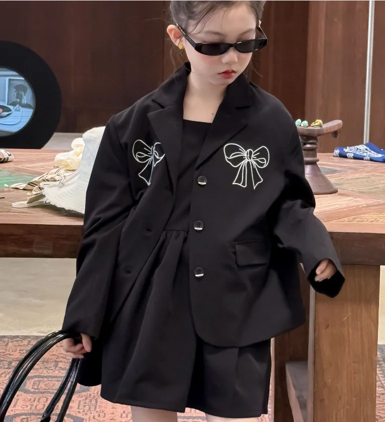 

New Baby Girls Fall Fashion Sets, Coat + Dress Princess Elegant Black Suits 3-10 T