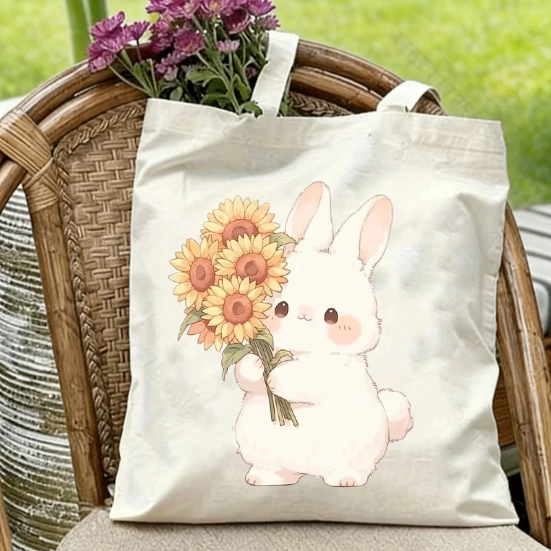

1pc Double-Sided Printed Cute Bunny Sunflower Canvas Tote Bag, Large Capacity Casual Shoulder Bag for Women