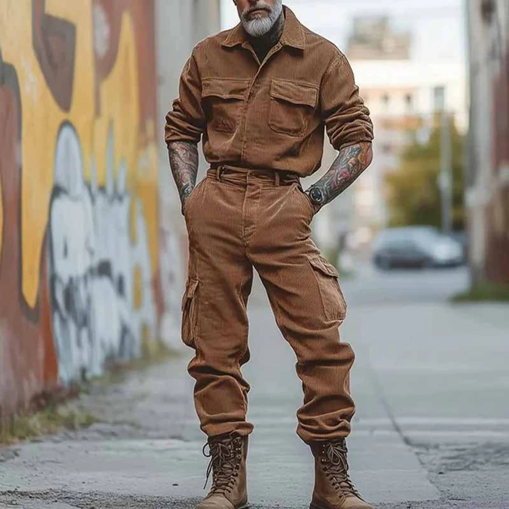 Herren Einfarbig Ah Mei Khaki Arbeitskleidung Kleidung Herbst Und Winter Mode Trend Freizeit Anzug Langarm Overall Hosen Männer