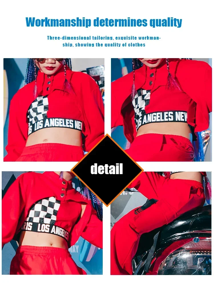 Hip-hop Jazz Dance Wear Kids Show Pant Suit K-pop Stage Outfits Urban Dance Girl Clothes 3 Pcs Red Black White Costumes