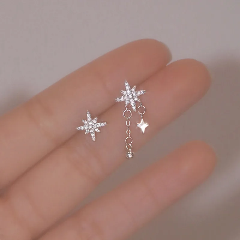 New 925 Sterling Silver Asymmetrical Star Earrings Temperament Charm Shiny Earrings Birthday Gift to Women's Fine Jewelry