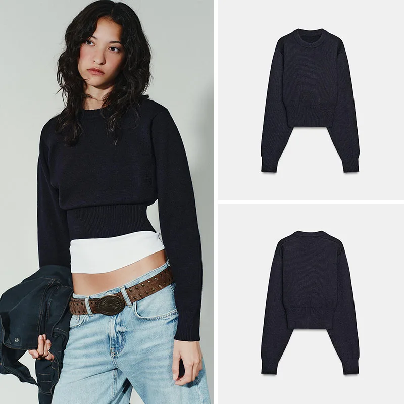 كنزة محبوكة بياقة مستديرة وأكمام طويلة، تصميم جديد لخريف هذا العام، أسلوب عصري وكاجوال للنساء