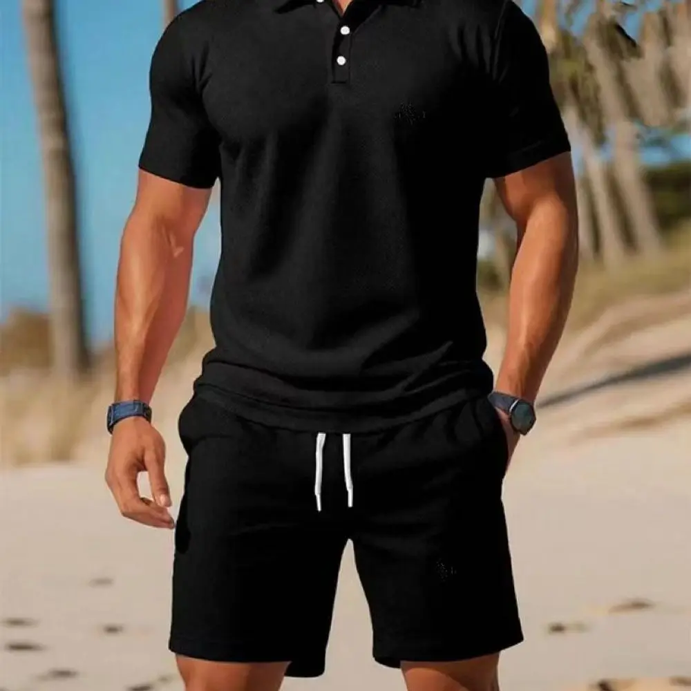 Summer Men's Streetwear 2 Piece Set polo-Neck T-Shirt+Sports Shorts Quick Dry Fitness Gym Running Suit Hot Sale Fashion Casual view 3