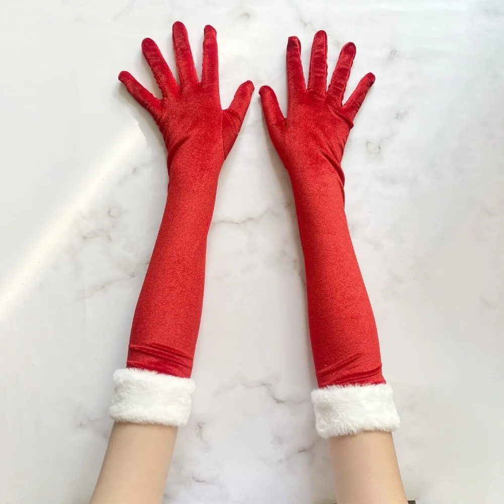 Elegant Christmas Gloves Elastic White Furry Cuff Velvet Long Gloves Warm Stage Performance Etiquette Mittens Banquet