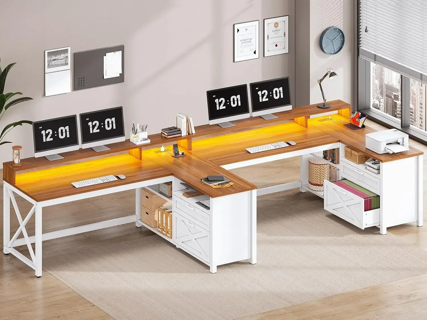 

Бестселлер: Высококачественный L-образный стол в стиле фермерского дома, 55-дюймовый стол для домашнего офиса с ящиками и полками для хранения, L-образный игровой стол