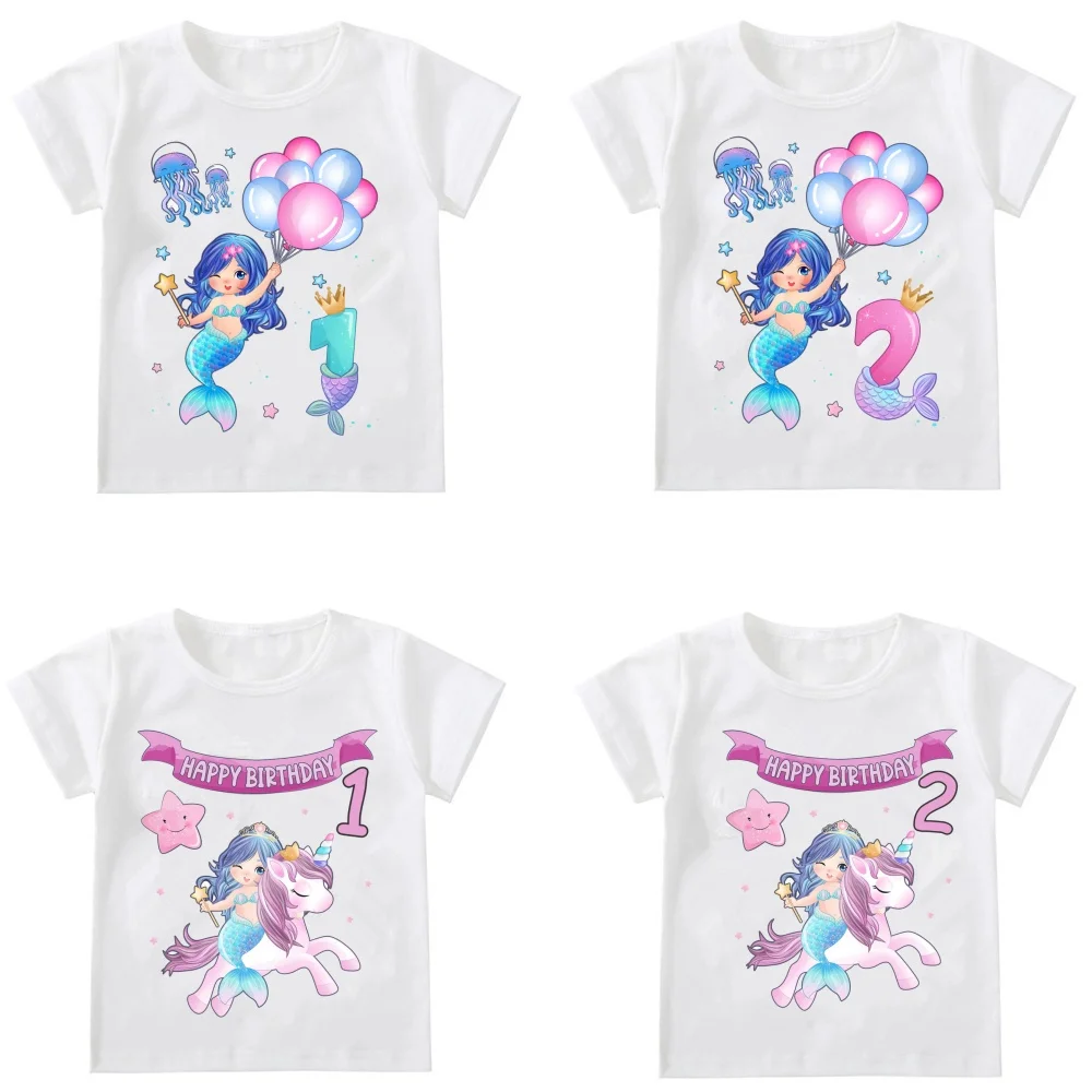 

Mermaid Girl Birthday T-shirt Cute Design Numbers 1-9 Children's Party Short Sleeve Top