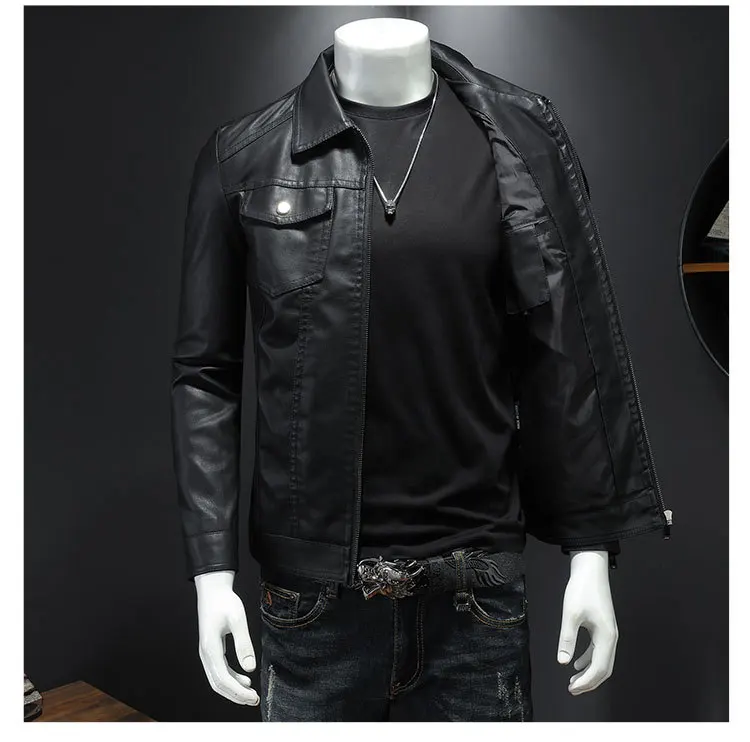 Veste de moto en cuir pour hommes, grande taille, poche noire, fermeture éclair, revers coréen, coupe cintrée, manteau en cuir PU de haute qualité pour hommes