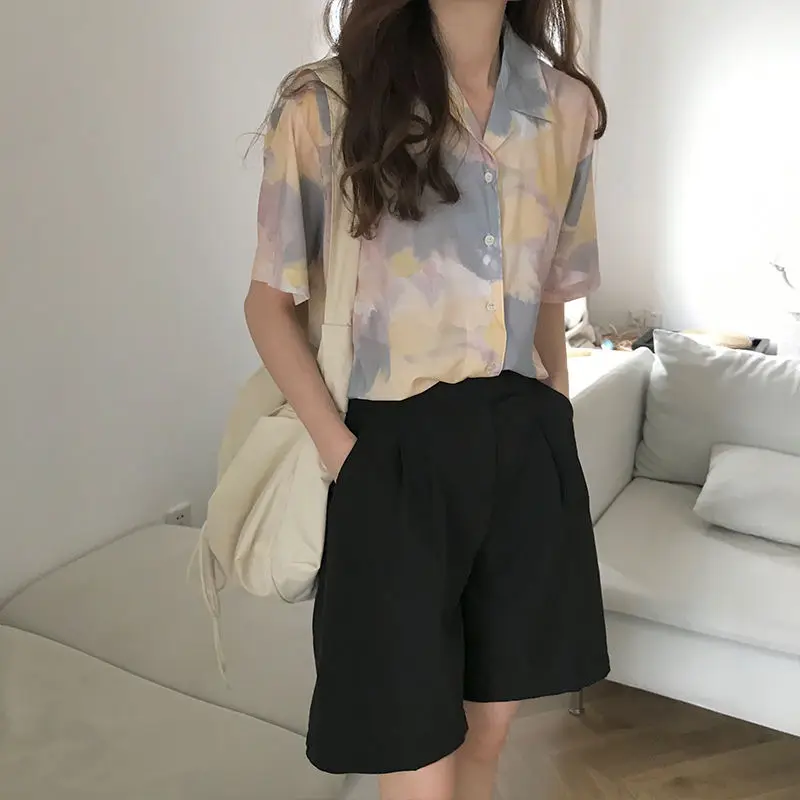 New American Retro Suit Collar Shirt Top Summer Hong Kong Style Chic Tie-dyed Short-sleeved Print